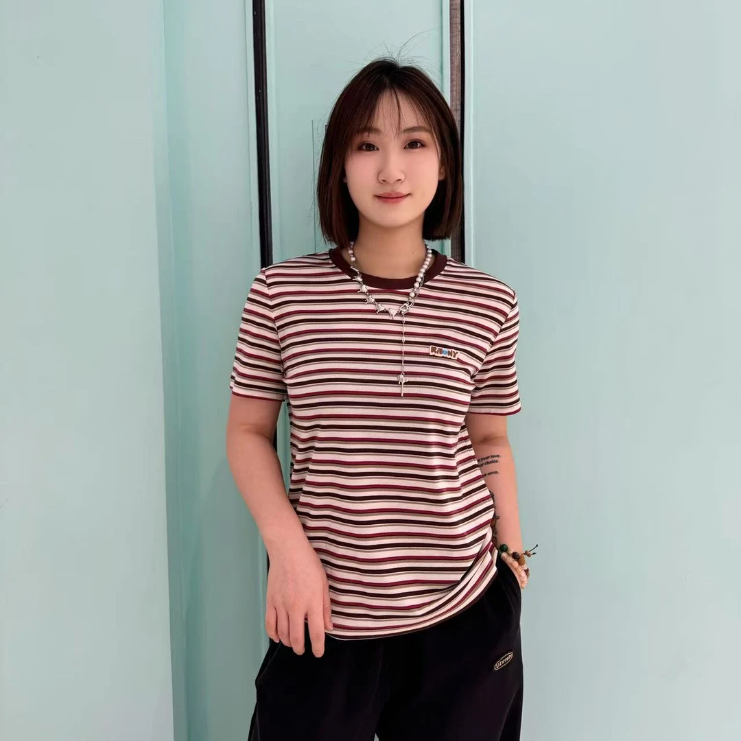 【辰美优选】柚丁26787-25夏款上新条纹休闲宽松T恤