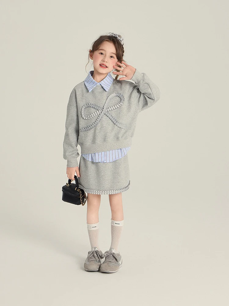 拉萨发货  2025秋女童甜美运动风洋气蝴蝶结卫衣半身裙三件套装潮