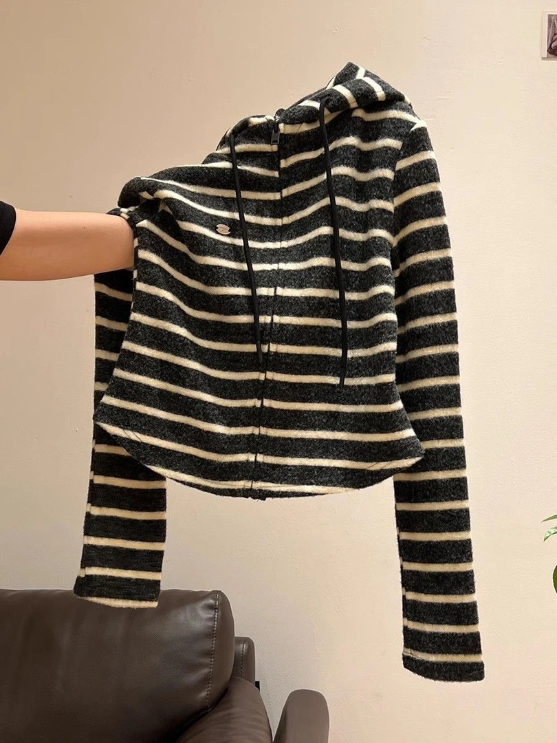 条纹长袖连帽打底开衫女秋冬季修身磨毛卫衣帽衫外套韩版显瘦潮