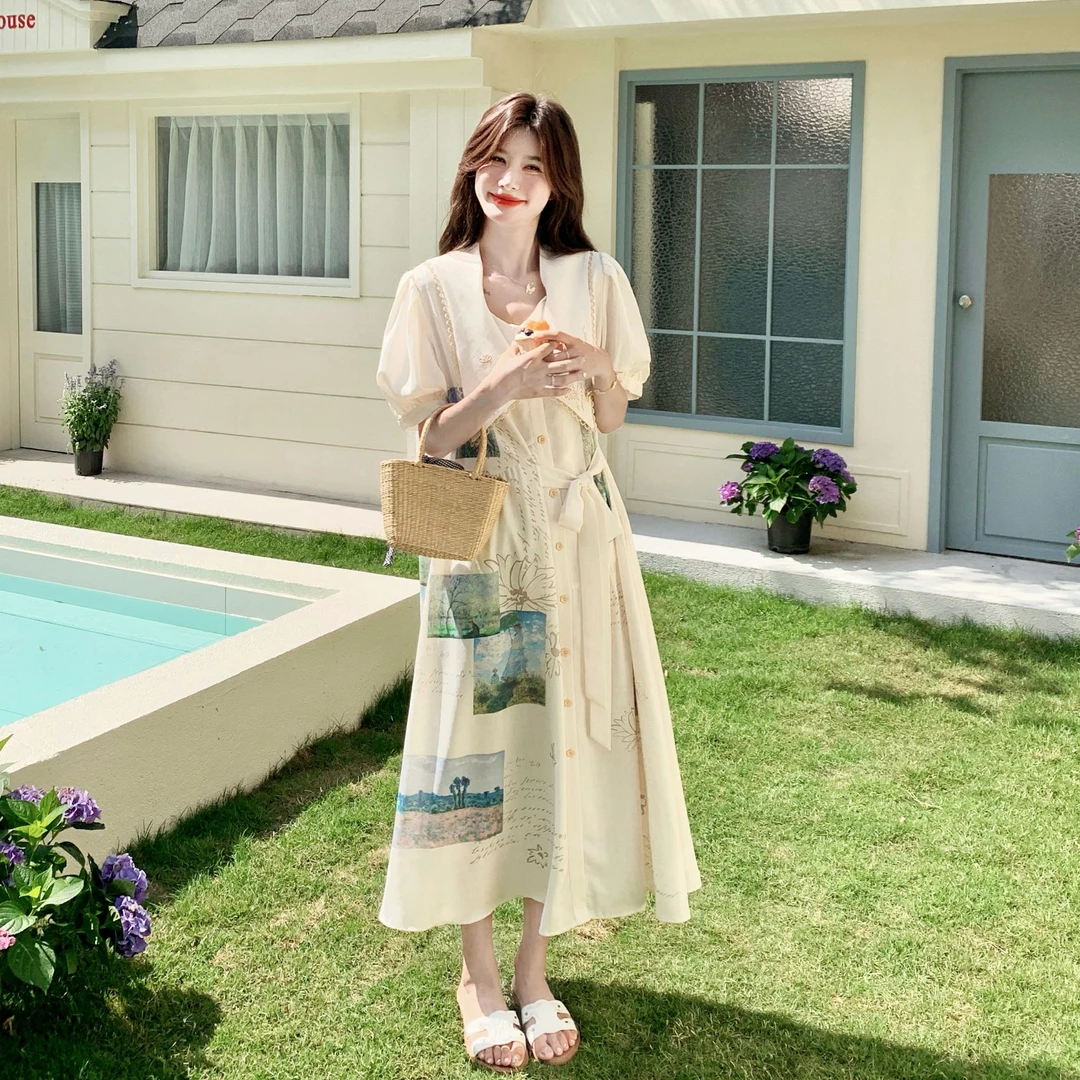 韩系减龄领刺绣涂鸦连衣裙女2025夏季新款收腰显瘦艺术感甜美长裙