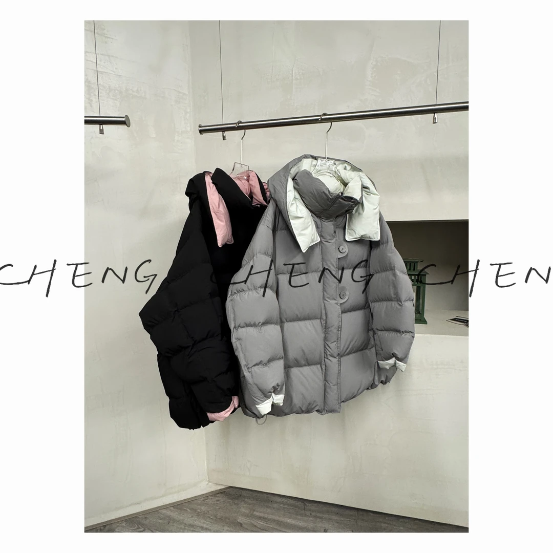 【CB-J-TT羽绒服-6230】慵懒风立领连帽羽绒服时尚休闲拼色面包服