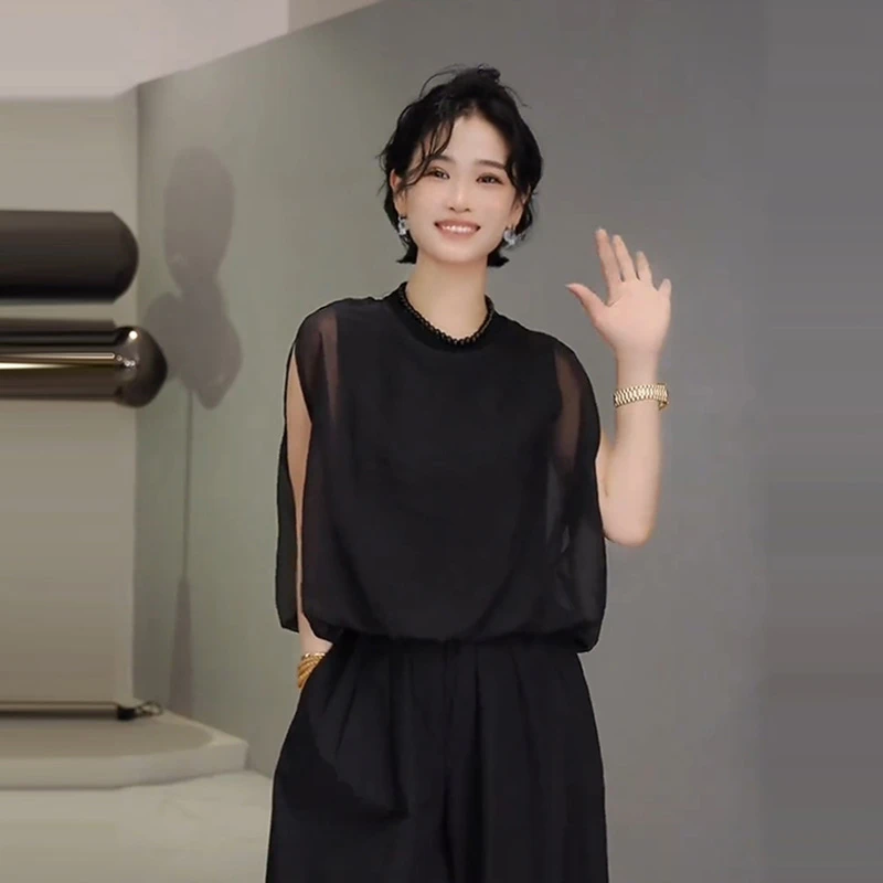 时尚网纱拼接无袖衬衫女夏季新款韩版高级感宽松显瘦背心圆领上衣