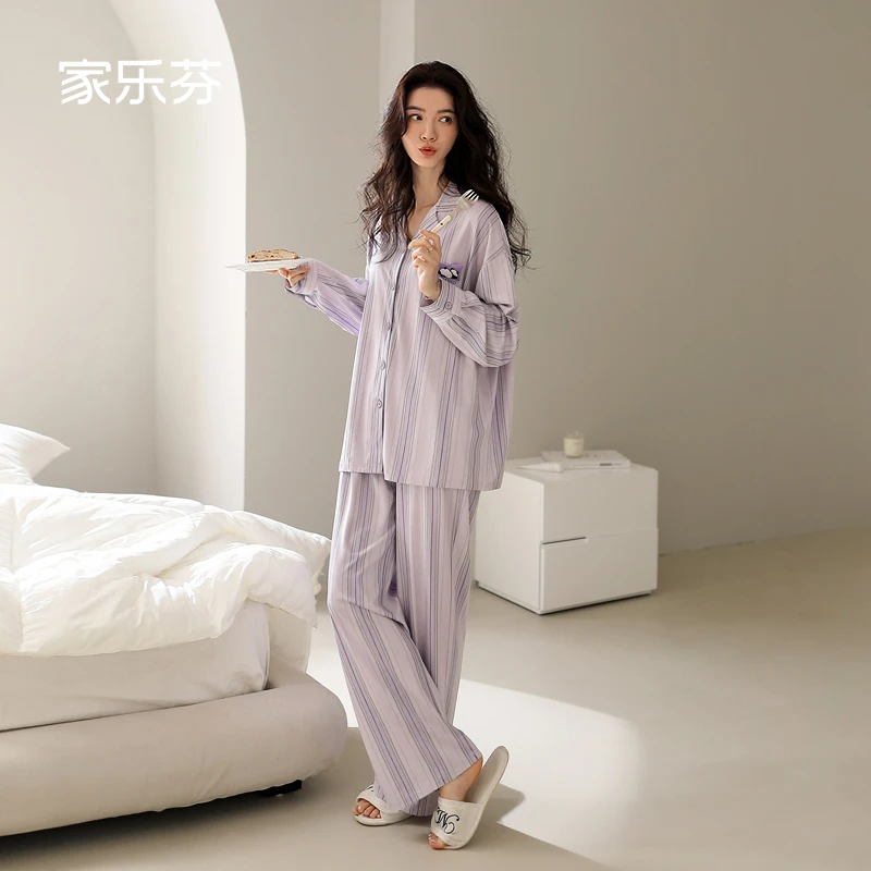 家乐芬睡衣女士春秋款纯棉长袖家居服熊猫日系条纹翻领套装可外穿