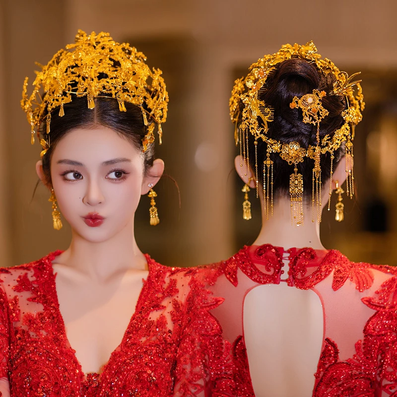 合金婚庆饰品 高级新款金色凤冠中式新娘秀禾龙凤褂大气发饰83121