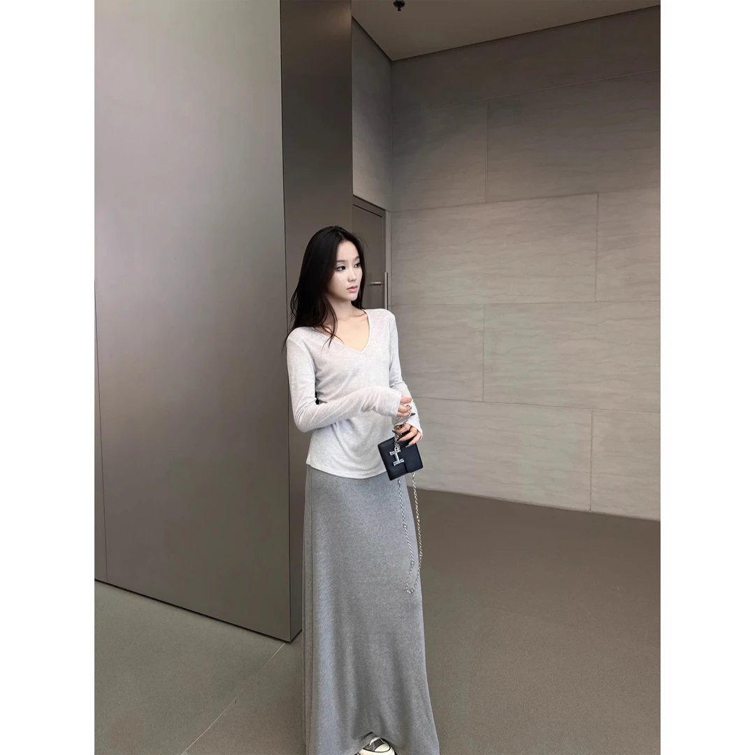VUMP 半身裙女春夏季新款垂感宽松百搭软糯休闲简约灰色A字长裙子