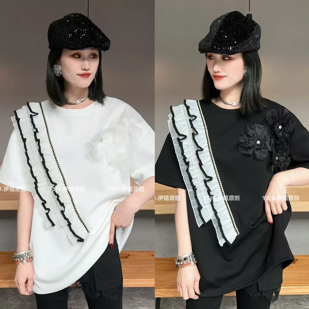 【YJ·高定】2025春夏新款宽松百搭潮牌修身气质蕾丝半袖女   YY1800