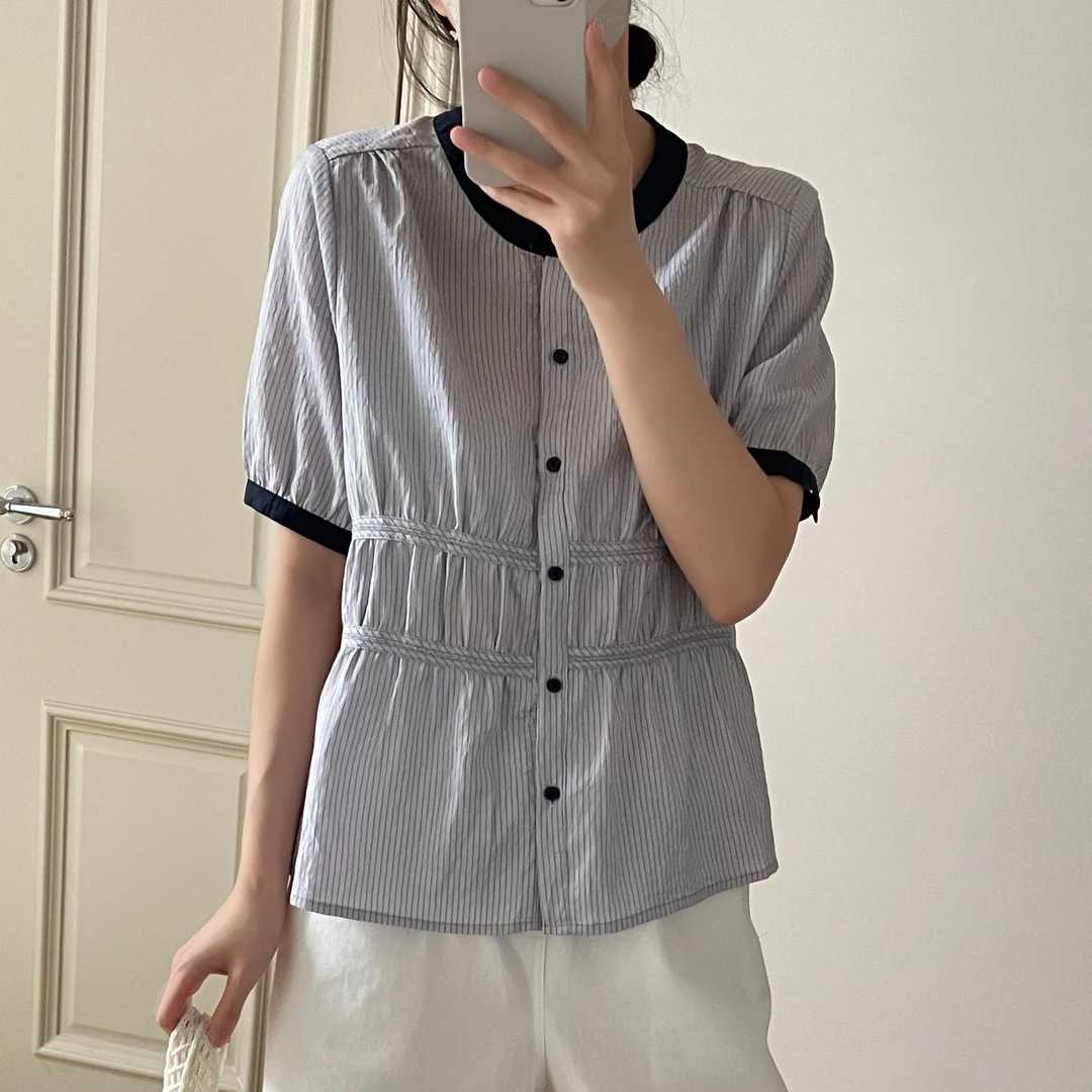 清货「设计感 收腰显瘦」冰凉感撞色条纹小衫 夏季薄款圆领衬衫S071