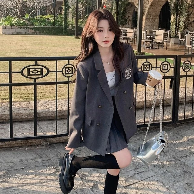 灰色韩系穿搭学院风西装套装女2025春秋新款气质小个子西服百褶裙