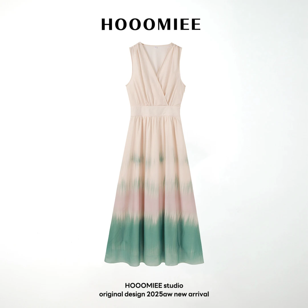 Hooomiee法式渐变连衣裙度假交叉领夏季女士气质长裙253757