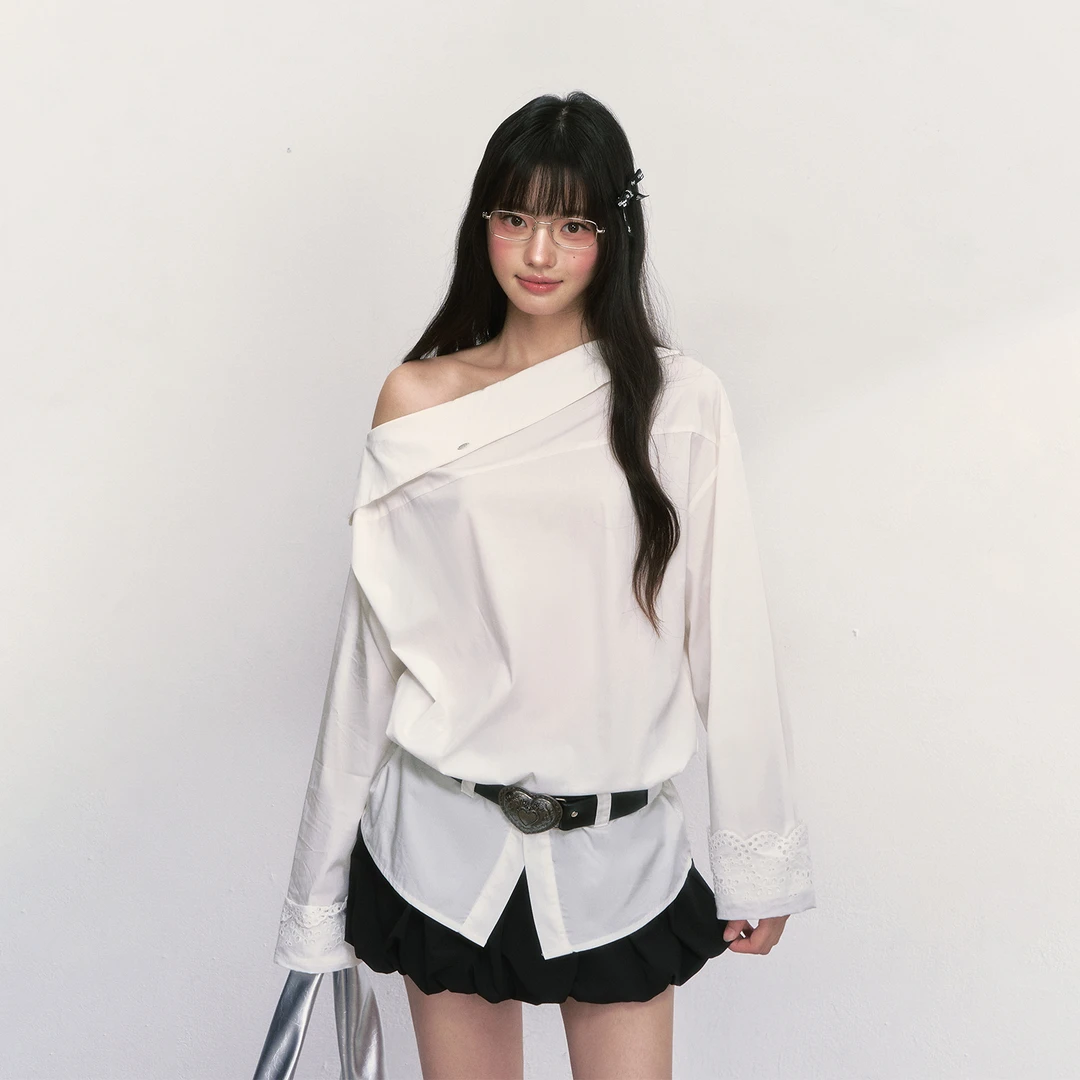 【周一芳联名同款】weekendhub斜肩长袖衬衫上衣女25105A002D