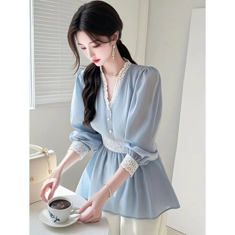 蓝色蕾丝花边衬衫设计感法式独特漂亮上衣2025年新款女装雪纺小衫