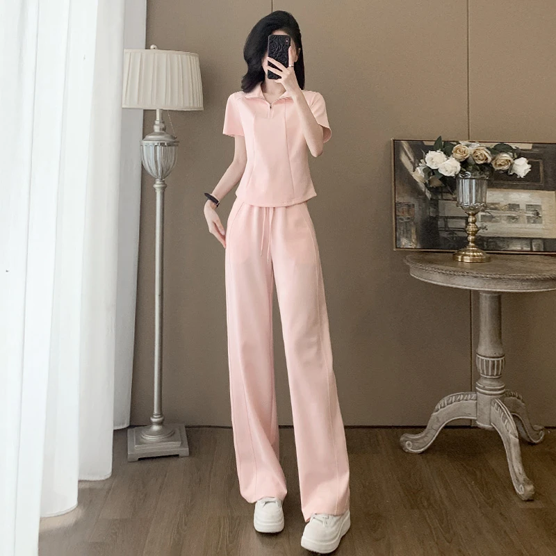 时尚潮流休闲套装女夏季新款高级感显瘦收腰短款卫衣阔腿裤两件套