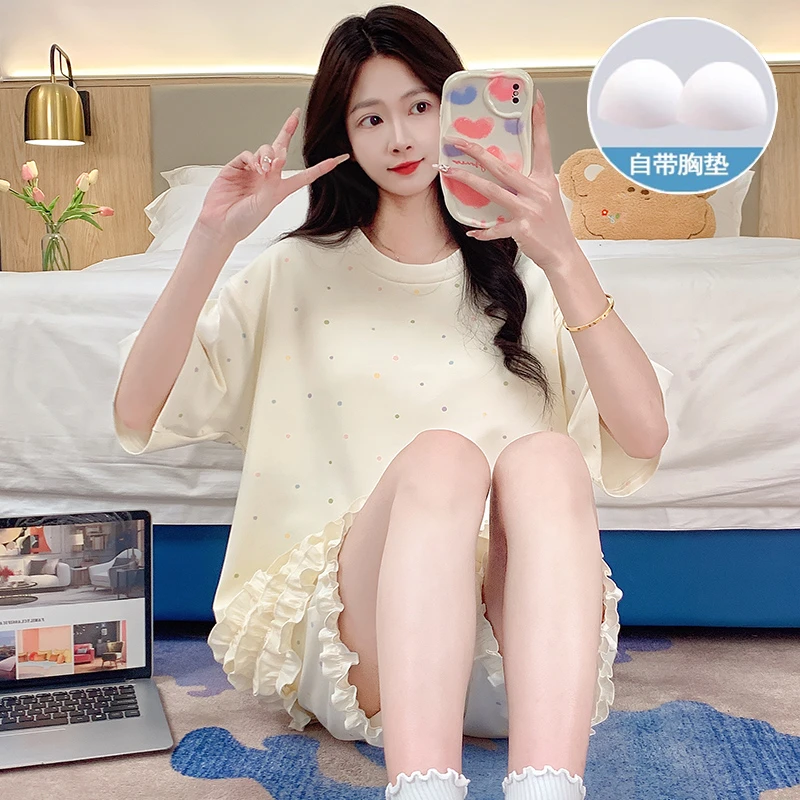 夏季短袖2025新款带胸垫一体睡衣女套装夏天薄款甜美家居服可外穿