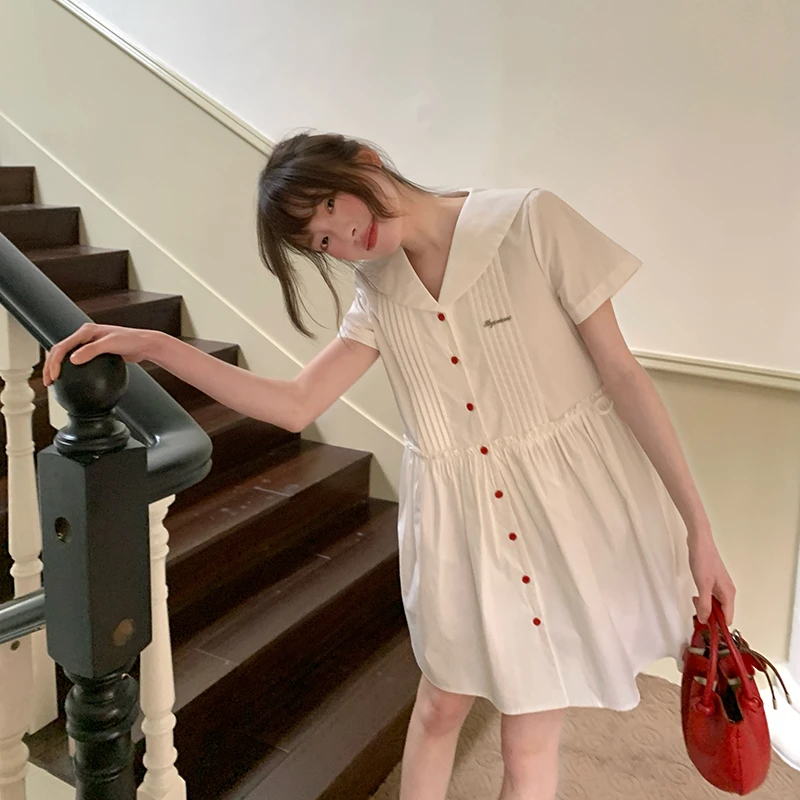 东京岁时记JK酒渍樱桃学院风收腰海军风小个子白色连衣裙甜美可爱