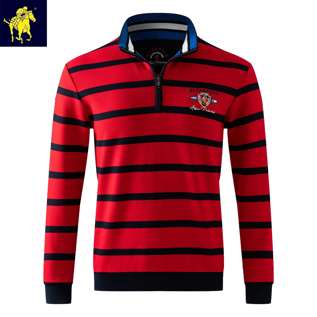 马标刺绣撞色时尚条纹POLO男商务休闲秋季长袖拉链套头立领卫衣