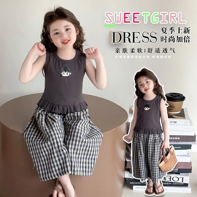 女童无袖套装夏季2025新款洋气儿童背心花边格子阔腿裤宝宝两件套