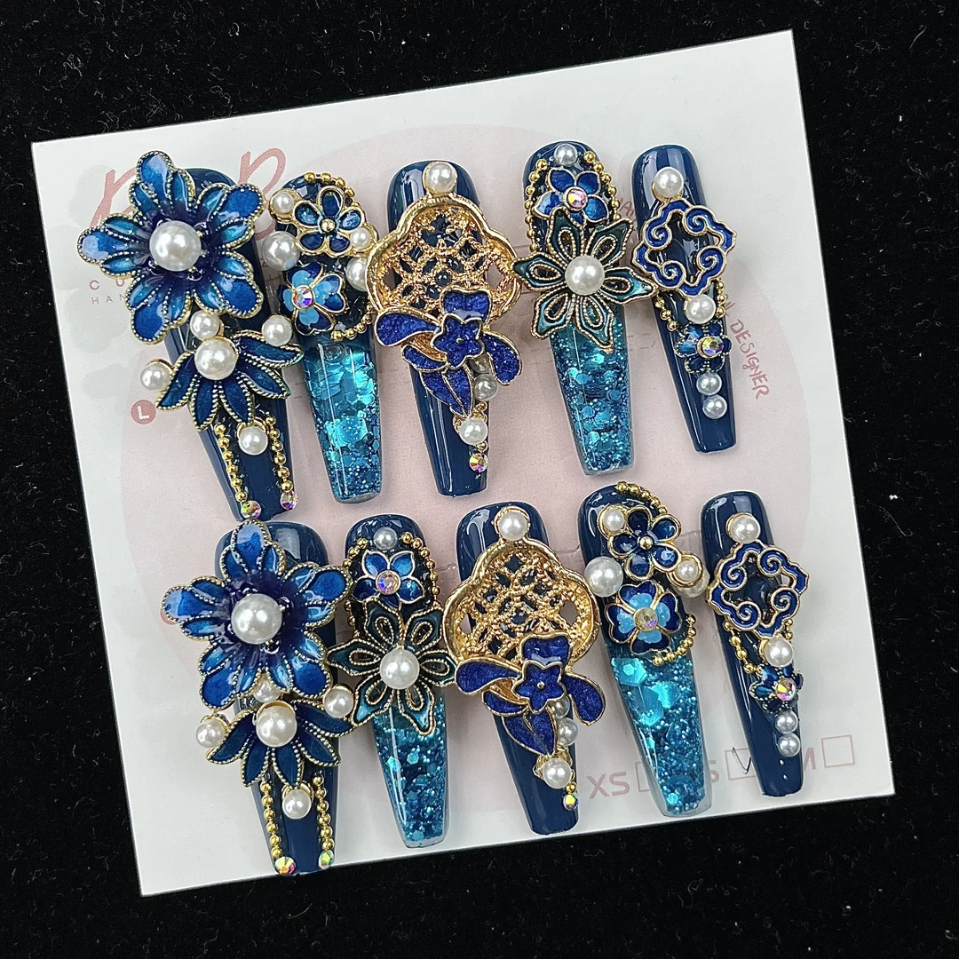 【BAO蓝流麻4.0】纯手工高奢鎏金配饰复古景泰蓝国风汉服穿戴甲蓝色