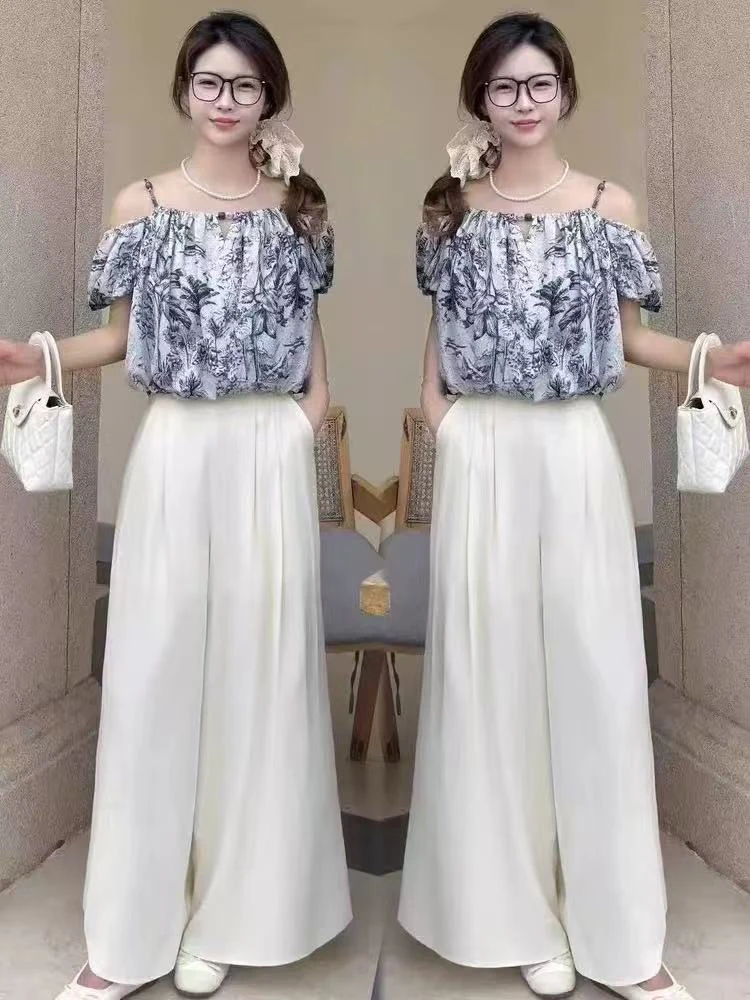 [DARUI]时尚仙女气质轻熟风碎花一字肩上衣衫搭配裤裙两件套2541