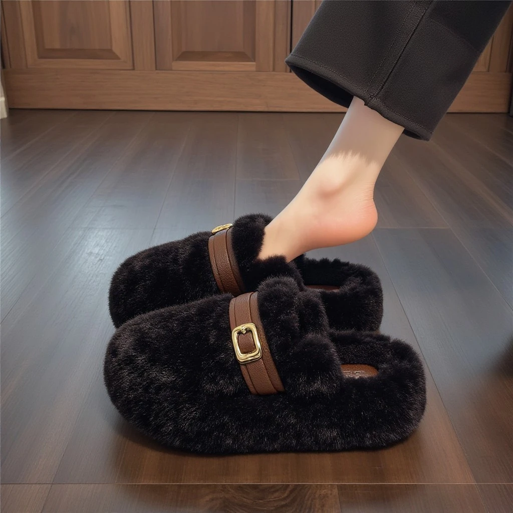 羊羔绒黑色毛毛拖鞋女2025冬季新款高级感金属扣厚底防滑包头棉拖
