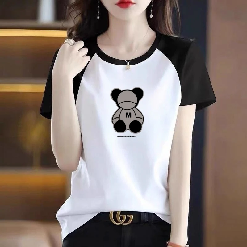 撞色拼接纯棉短袖t恤女士夏季新款大码胖mm宽松休闲减龄半袖上衣