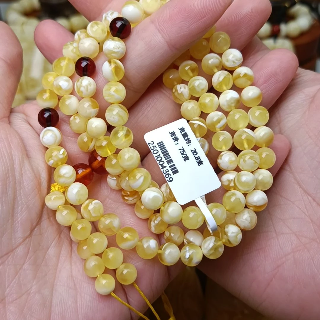 蜜蜡裸石未镶嵌6圆珠108金瓷白