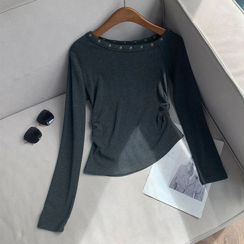 【南油溪溪】领口钉珠长袖打底上衣设计感灰色褶皱收腰打底衫801011