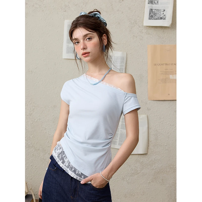 谜秀新品蓝色露肩蕾丝T恤 棉混纺显瘦短款薄上衣夏百搭性感气质