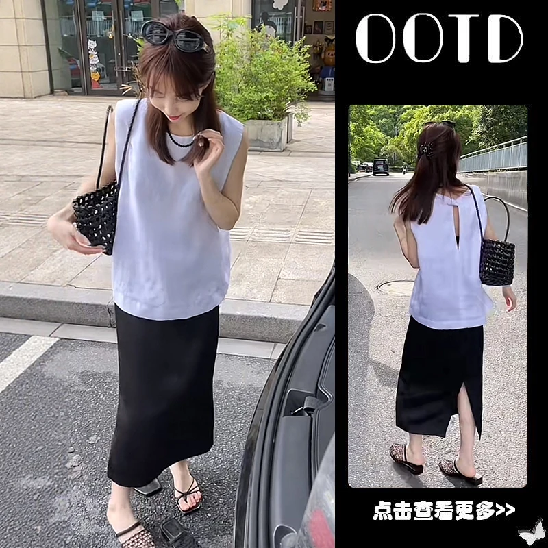 夏季穿搭一整套女2025新款韩系镂空无袖上衣百搭开叉半身裙两件套