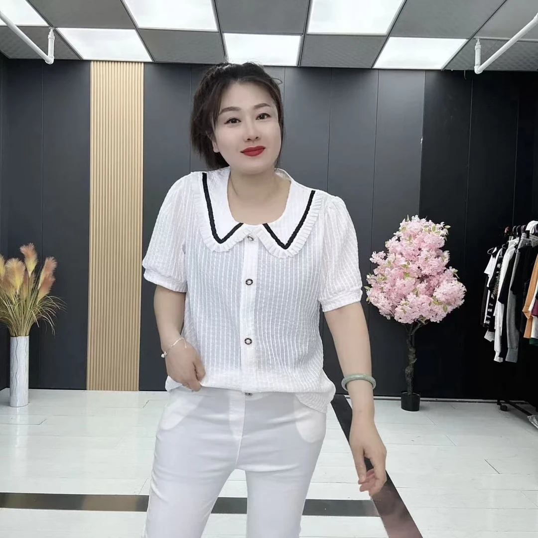 6925*大码时尚设计感宽松常规款极简风白色减龄娃娃领韩版长袖衫