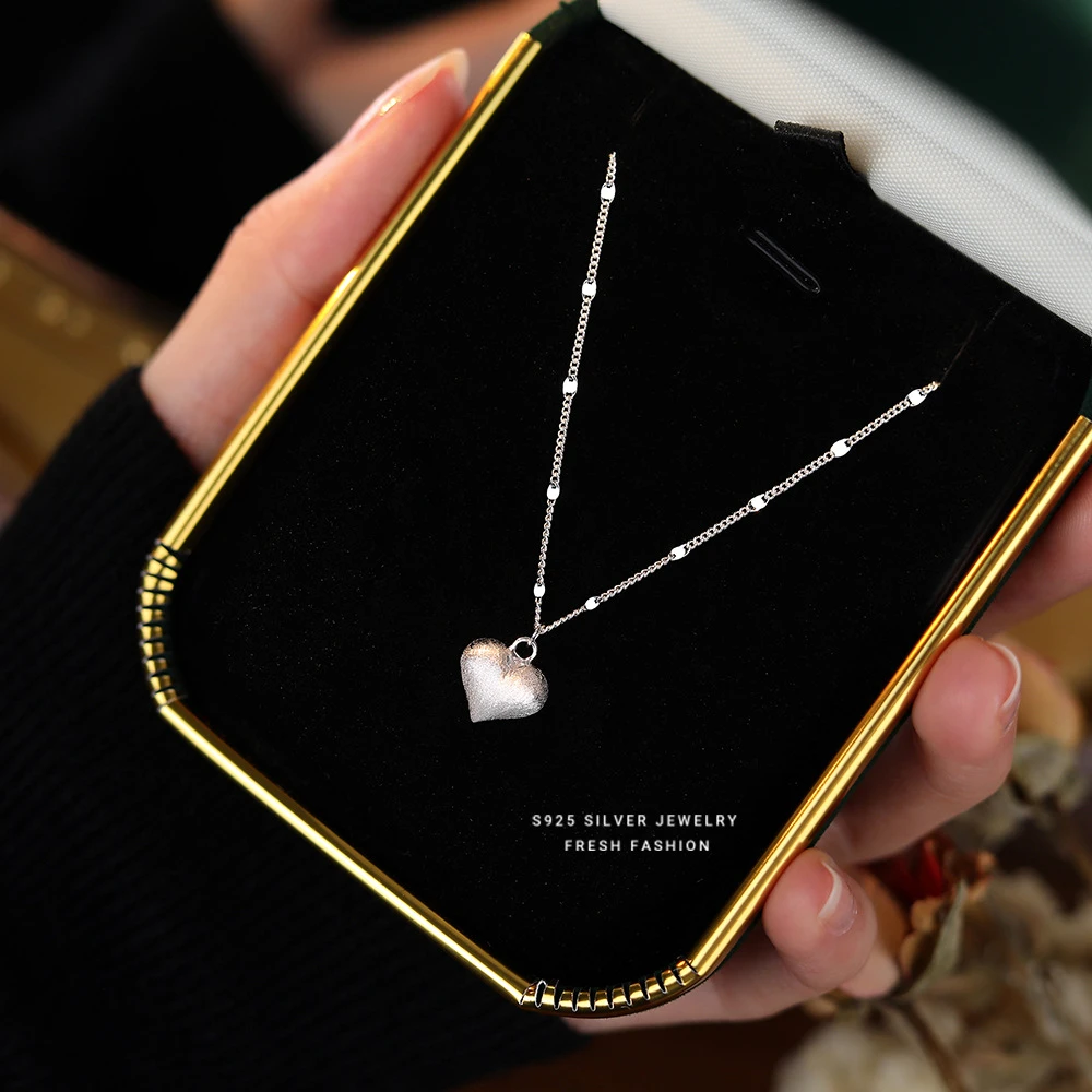 坠链均925银 s925纯银拉丝爱心项链吊坠女轻奢小众简约百搭锁骨链