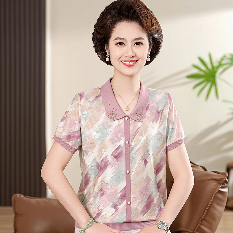 母亲节妈妈条纹翻领气质上衣百搭夏季中年女短袖T恤减龄薄款小衫