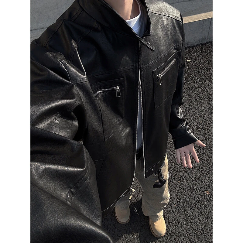黑色短款皮衣外套男春秋美式cleanfit骑行服廓形正肩立领机车夹克