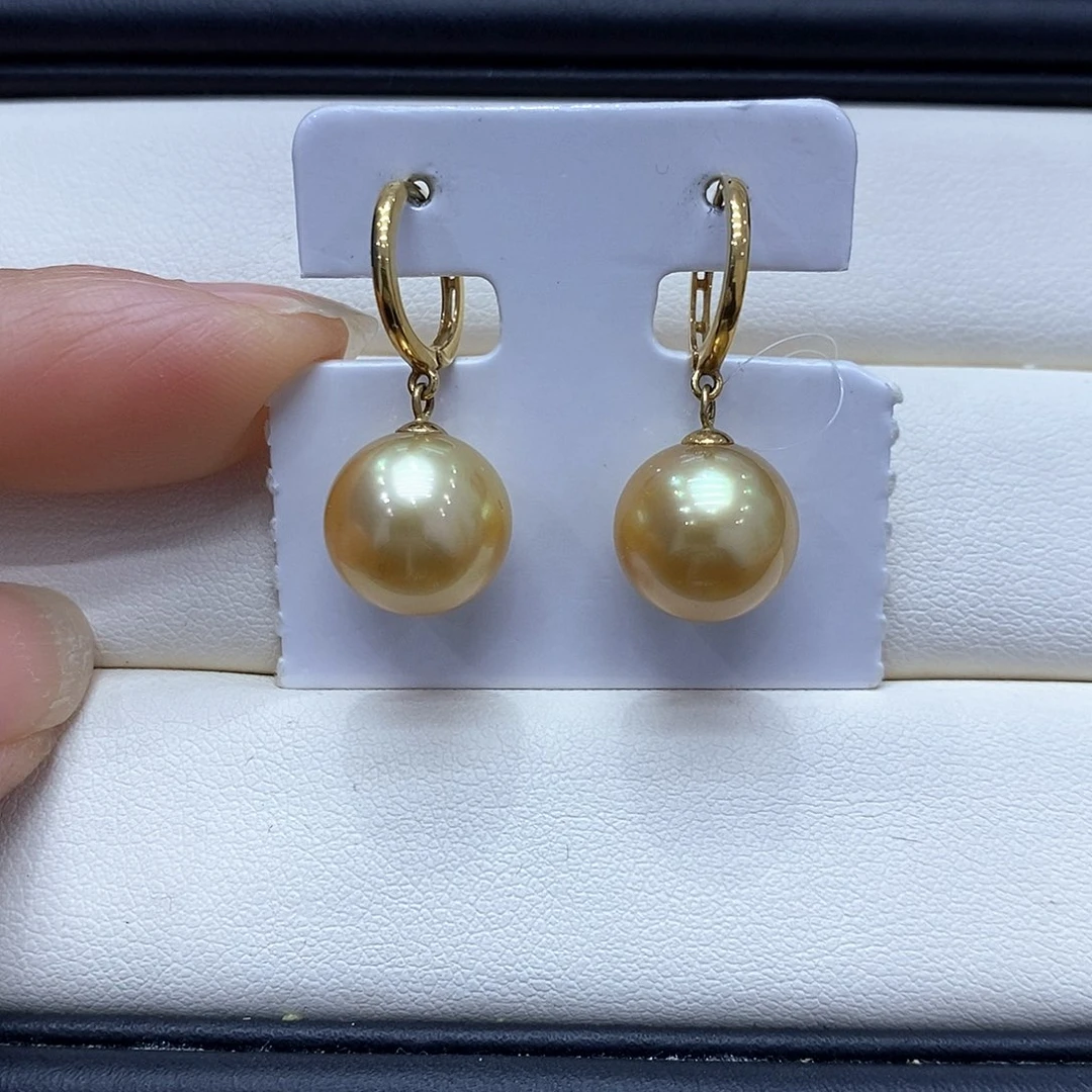 18K金镶嵌海水珍珠耳饰11到12点位浓茶金珠