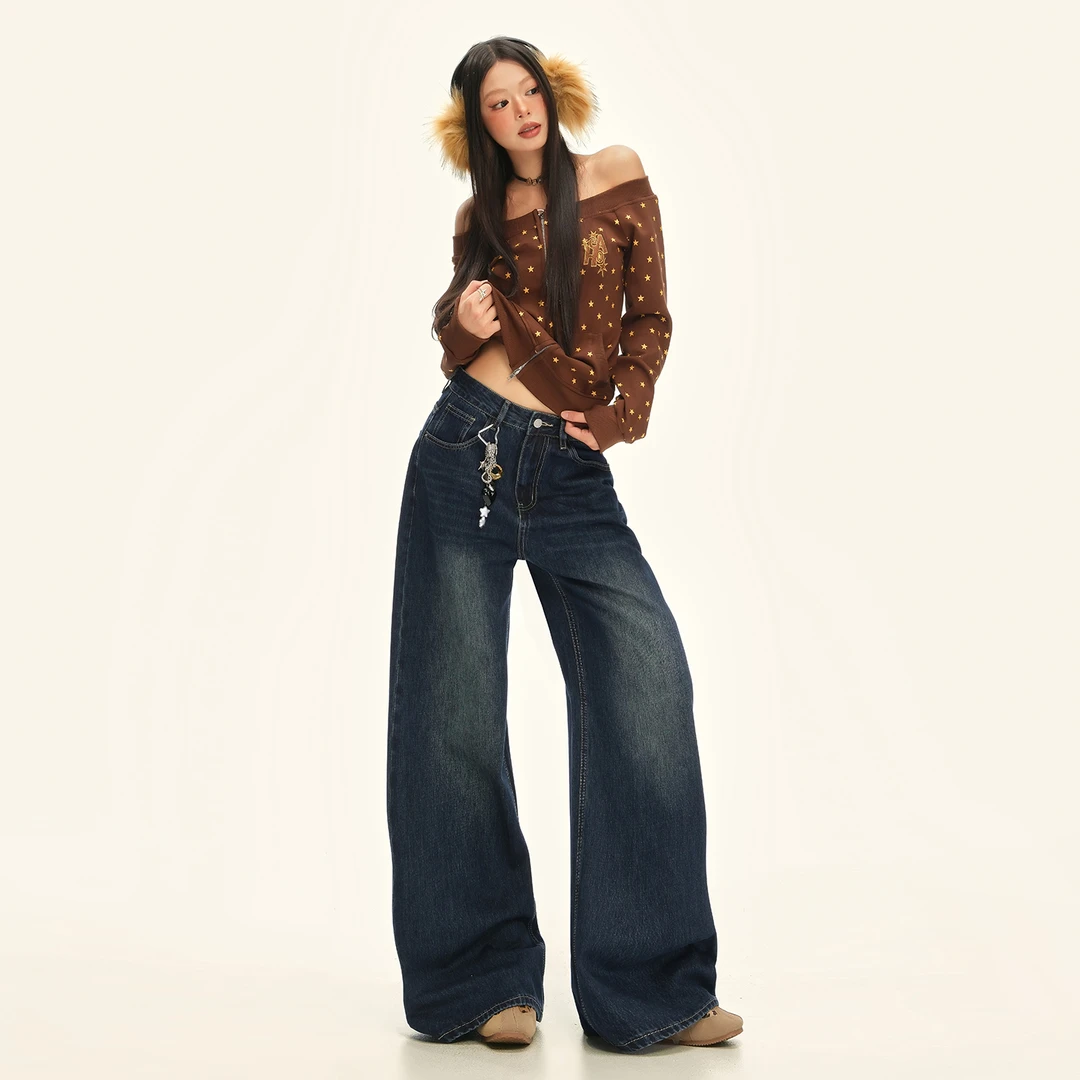 华利尔斯美式复古蓝牛仔裤新款高腰直筒宽松水洗阔腿裤