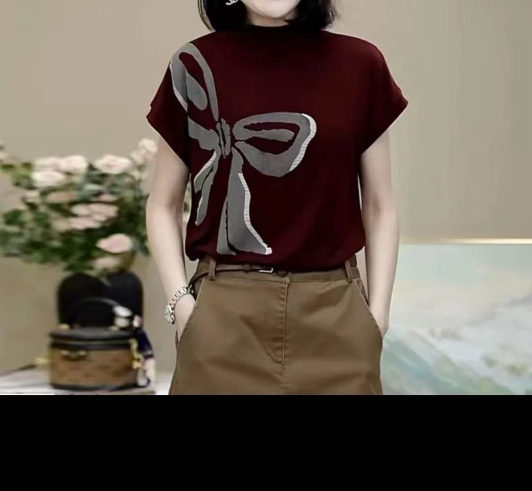 蝴蝶短袖女韩系极简风蝴蝶结T恤打底时尚洋气夏季