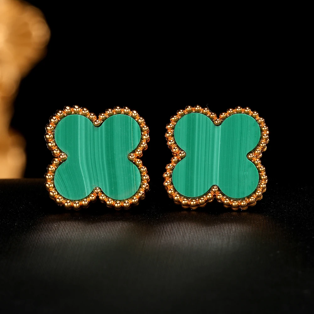 【柴柴】18k金孔雀石13mm四叶耳钉 百搭 气质
