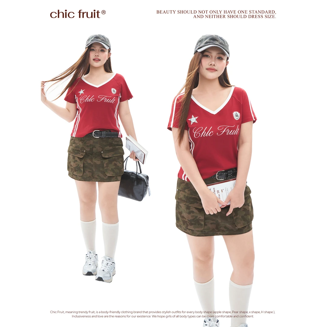 大码微胖欧美运动风V领撞色印花T恤