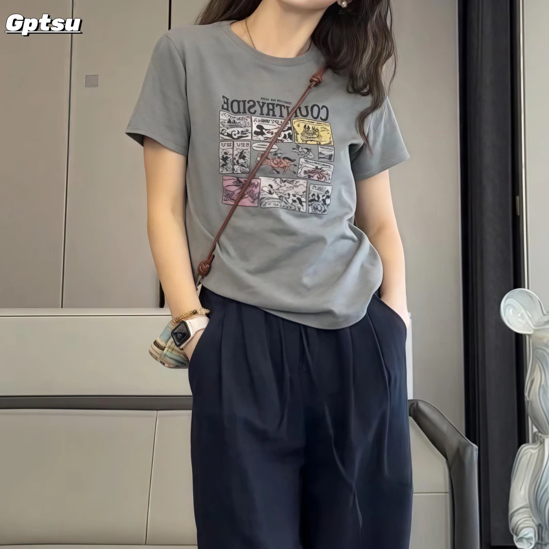 GPTSu圆领正肩休闲百搭上衣2025夏季新款宽松大码时尚显瘦短袖恤