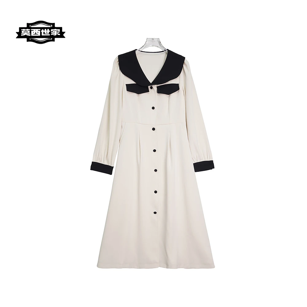 复古海军领白色拼接减龄高级感连衣裙E3009