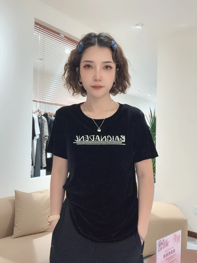 【MY SHAN】早秋新款宽松字母印花显瘦百搭丝绒短袖T恤258316