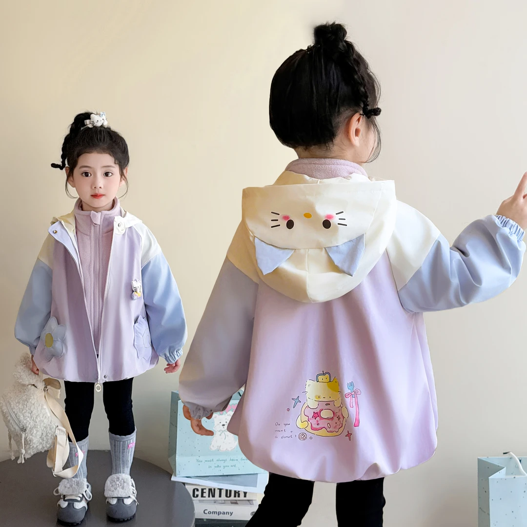 女童夹棉加厚卡通猫咪连帽外套秋冬2025新款洋气女孩时髦冲锋衣潮