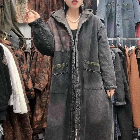 织绣招财猫牛仔外单棉袄635黑色