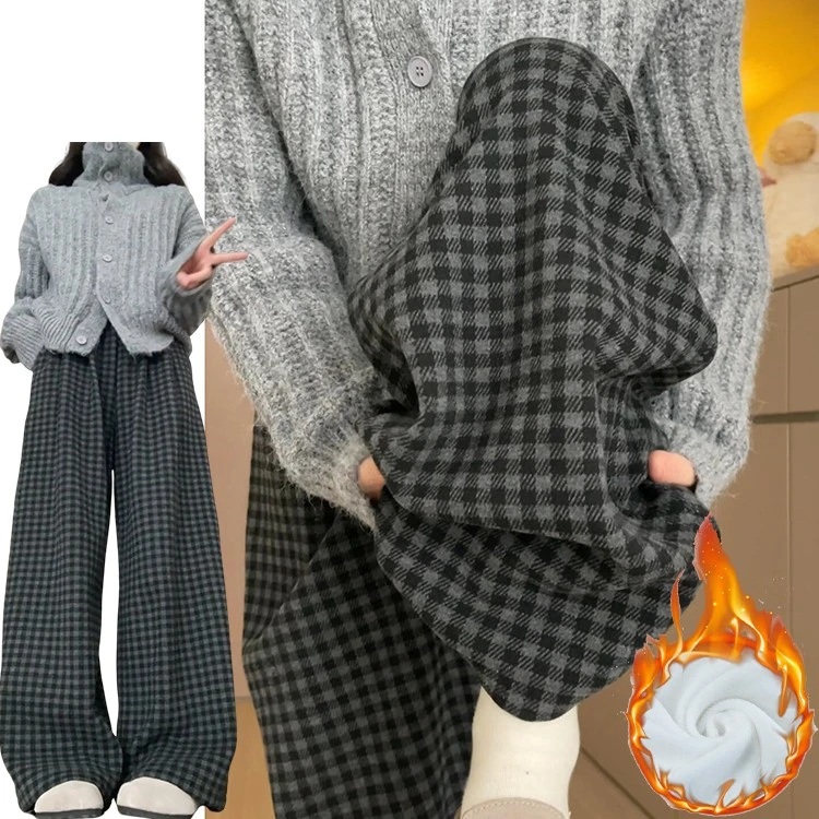 加绒加厚日系绒绒格子裤女秋冬季2025新款小众慵懒直筒高腰拖地裤