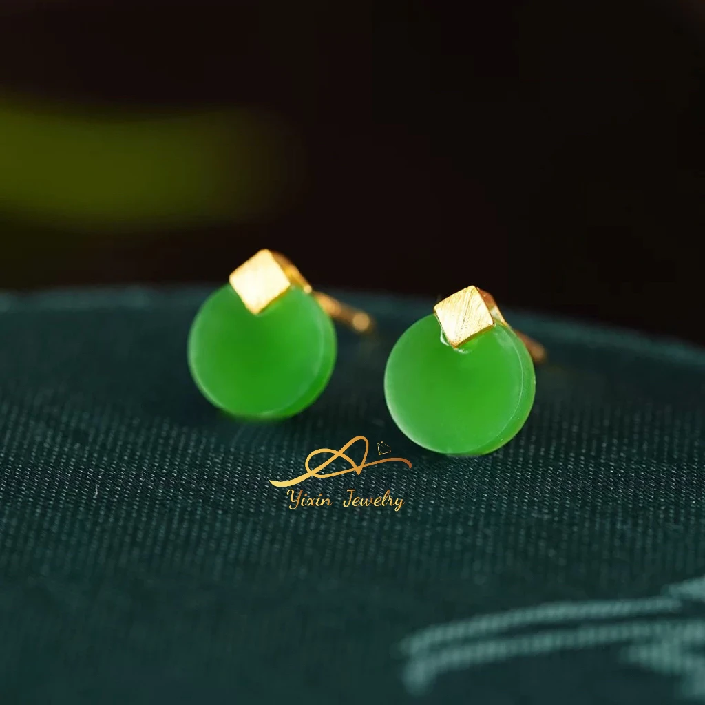 【圆满】天然和田玉碧玉s925银镀金镶设计款碧玉耳钉耳饰