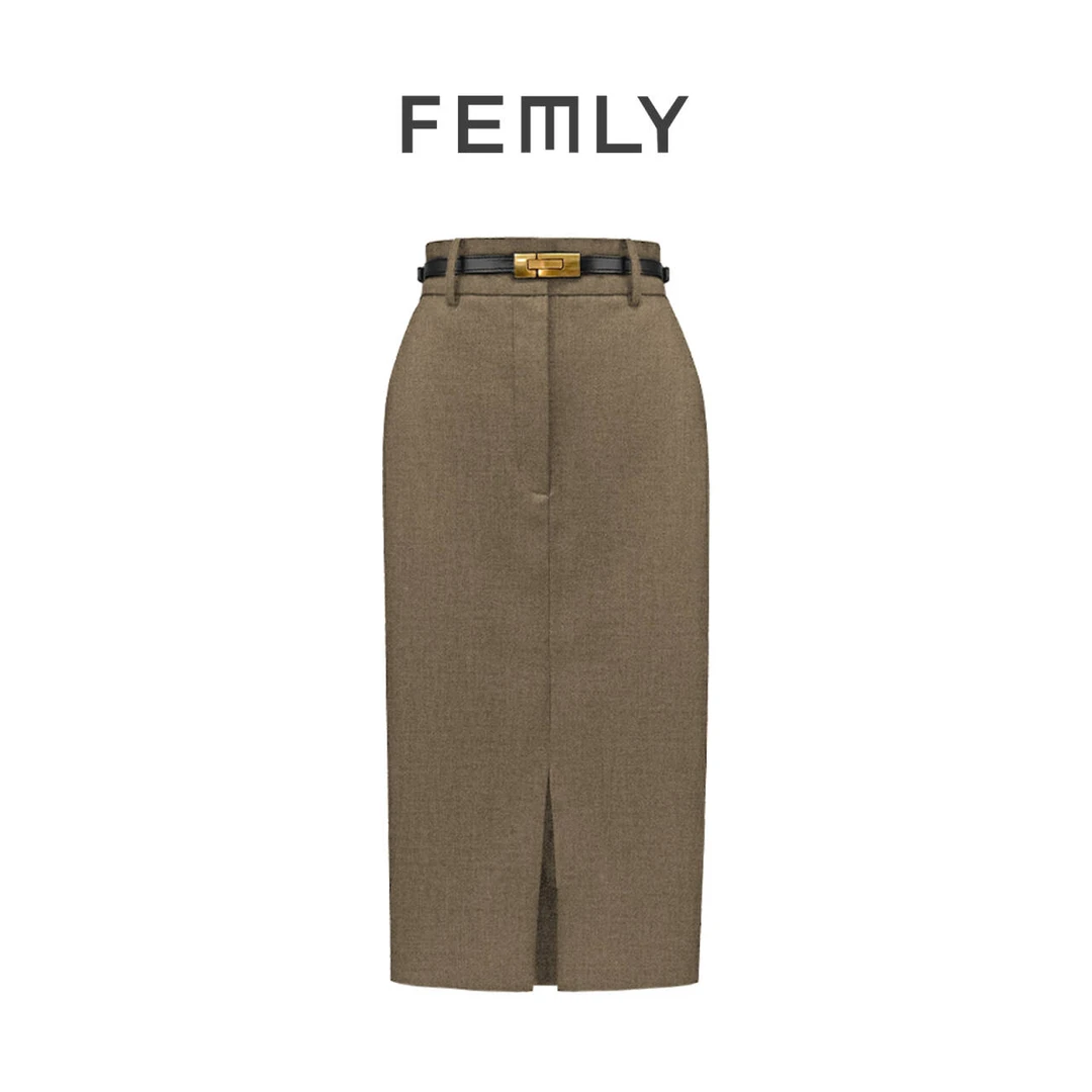 FEMLY/法曼丽 秋季百搭优雅通勤直筒羊毛半身裙3198