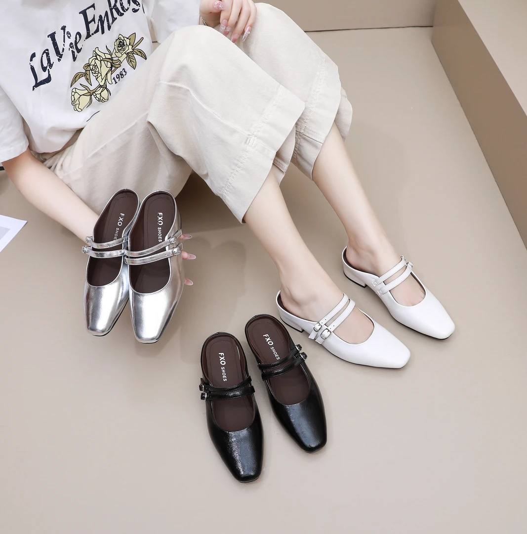 仙女风一字带方头外穿包头半拖鞋2025夏季新款粗跟懒人一脚蹬单鞋