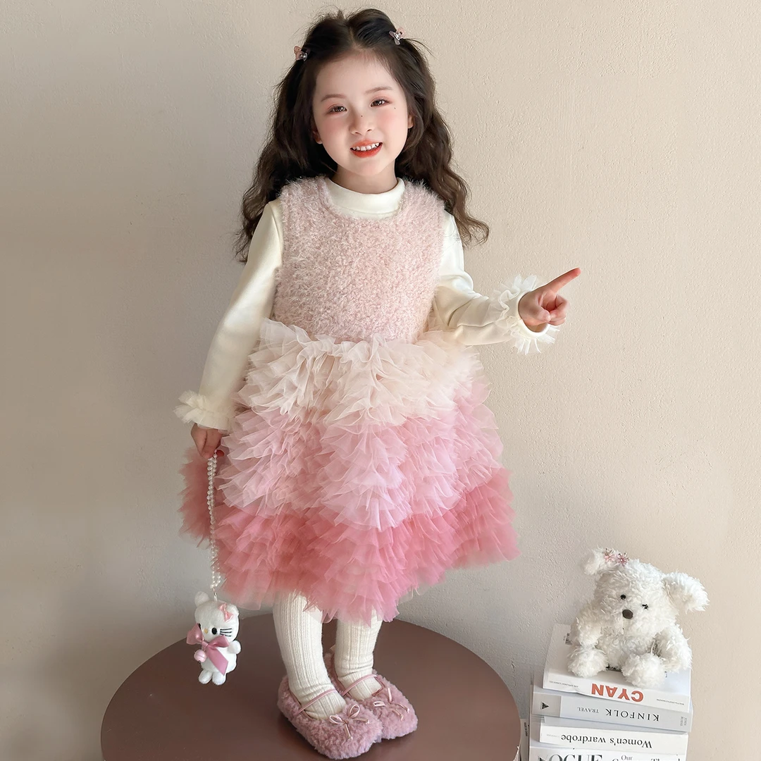 女童冬装加绒两件套小香风公主裙生日礼服2025新款年服蓬蓬裙套装