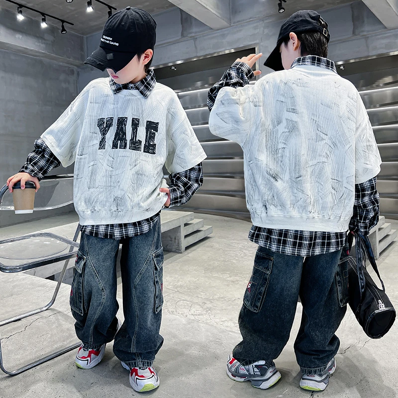 男童春秋款洋气套装2025新款儿童秋装休闲牛仔三件套大童韩版潮酷