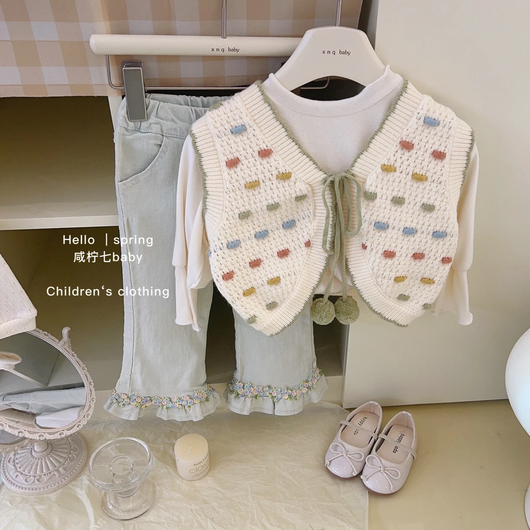 【现2】韩系童装秋女宝针织马甲洋气女童背心毛衣坎肩牛仔裤套装