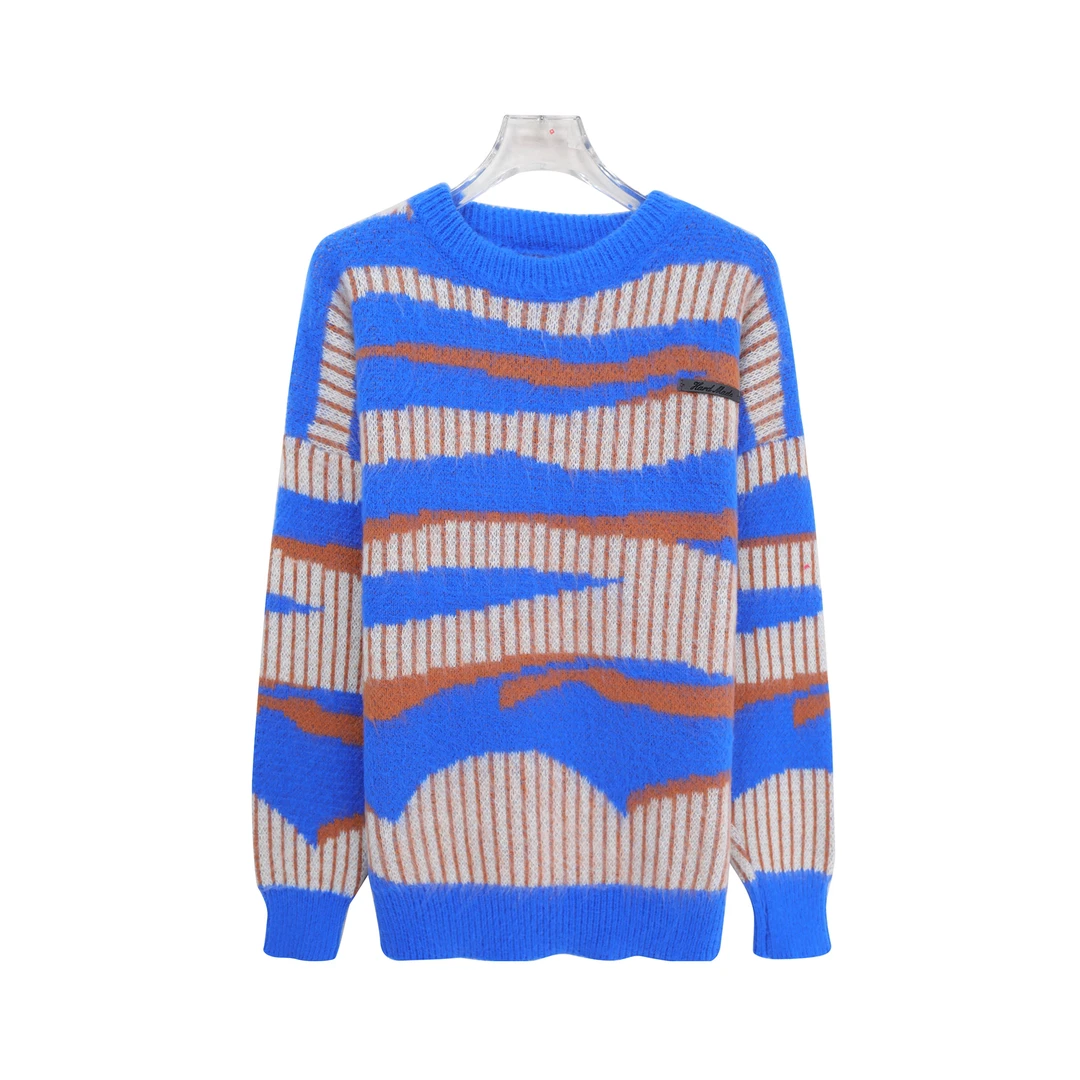 慵懒风软糯撞色条纹毛衣宽松显瘦设计感针织上衣X3091